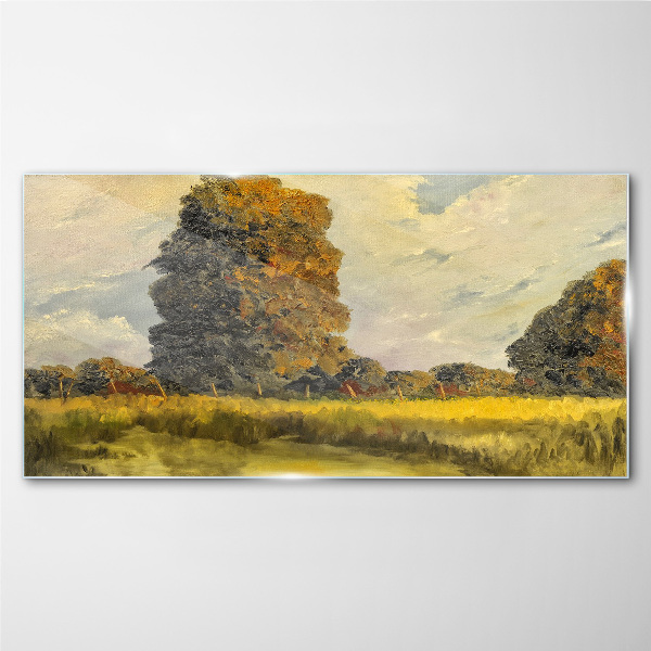 Golden trees in a summer landscape Wall art on glass