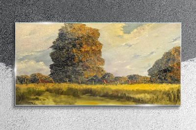 Golden trees in a summer landscape Wall art on glass