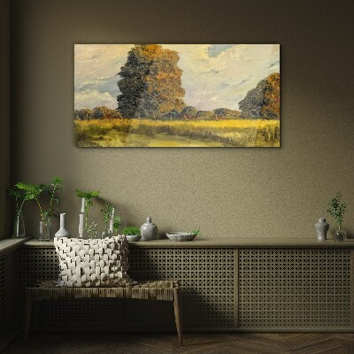 Golden trees in a summer landscape Wall art on glass
