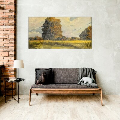Golden trees in a summer landscape Wall art on glass