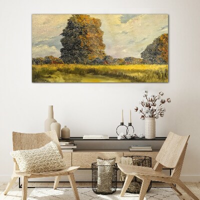 Golden trees in a summer landscape Wall art on glass
