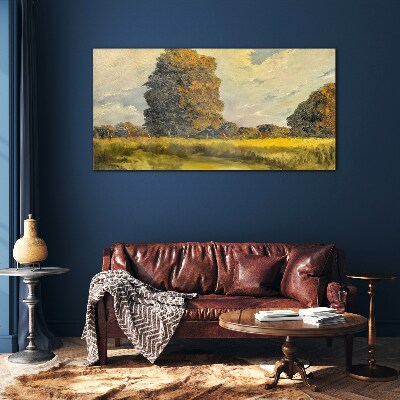 Golden trees in a summer landscape Wall art on glass