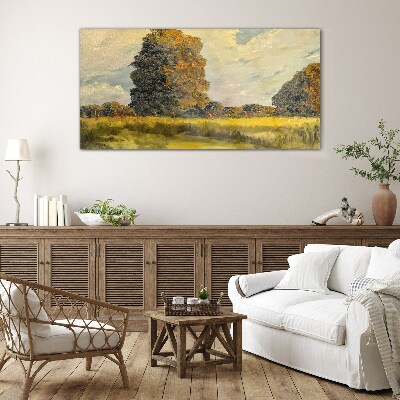 Golden trees in a summer landscape Wall art on glass