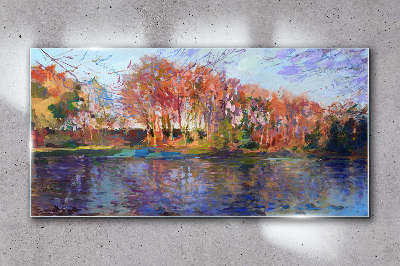 Autumn panorama over the river Wall art on glass