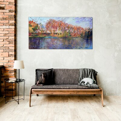 Autumn panorama over the river Wall art on glass