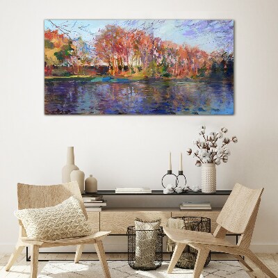 Autumn panorama over the river Wall art on glass