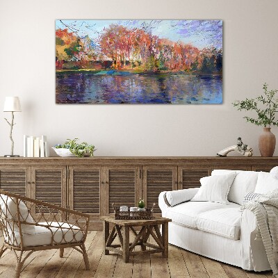 Autumn panorama over the river Wall art on glass