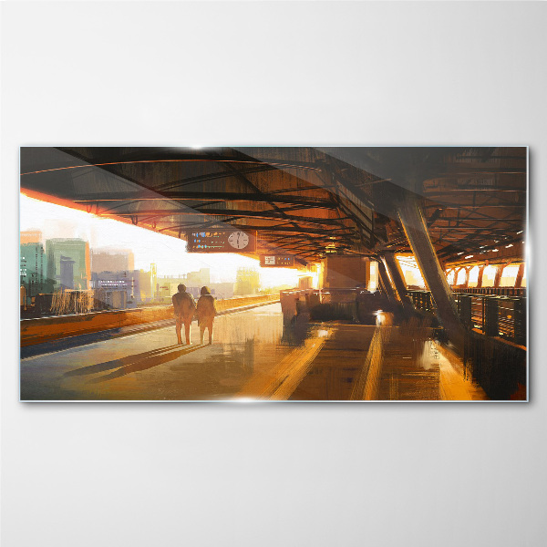 Golden hours at the station Wall art on glass