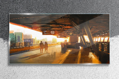 Golden hours at the station Wall art on glass