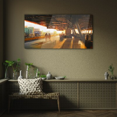 Golden hours at the station Wall art on glass