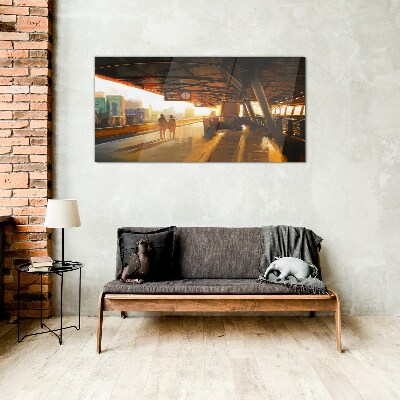 Golden hours at the station Wall art on glass