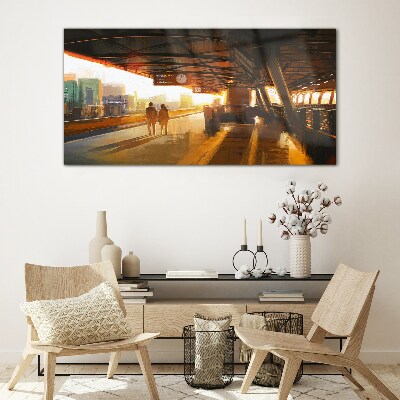Golden hours at the station Wall art on glass
