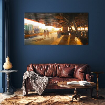 Golden hours at the station Wall art on glass
