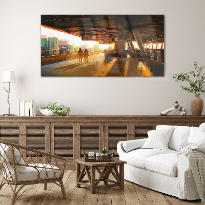 Golden hours at the station Wall art on glass
