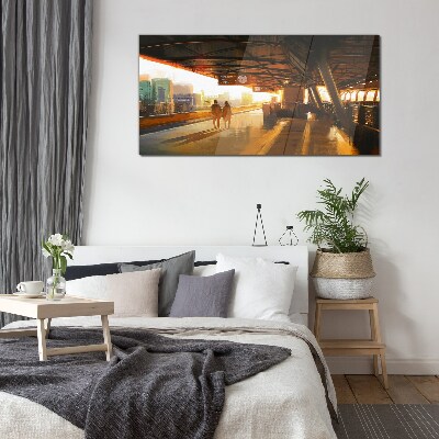 Golden hours at the station Wall art on glass
