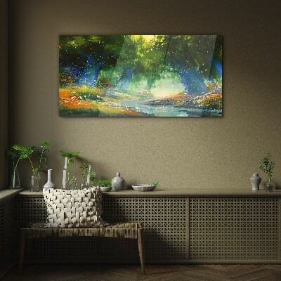 Green forest in the morning light Glass art print