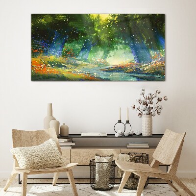 Green forest in the morning light Glass art print