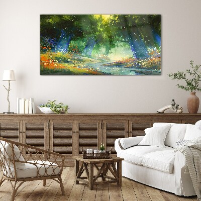 Green forest in the morning light Glass art print