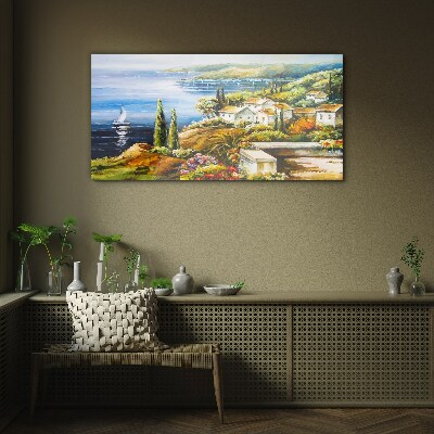 Seaside landscape with a sailboat Glass art print