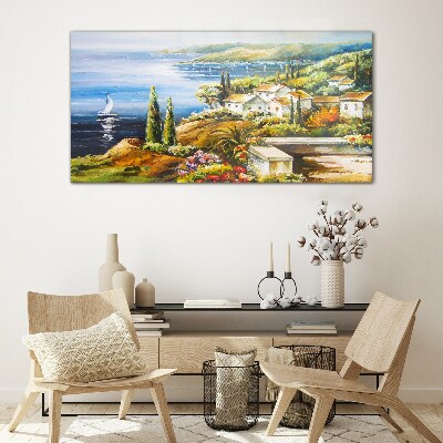 Seaside landscape with a sailboat Glass art print