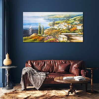 Seaside landscape with a sailboat Glass art print