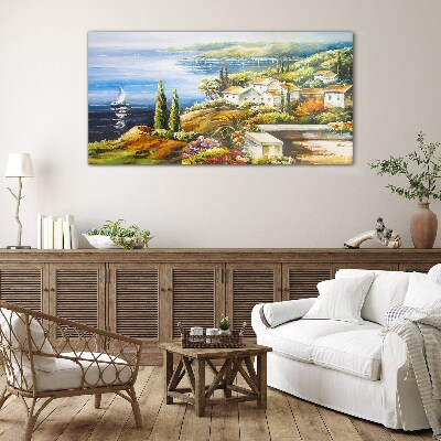 Seaside landscape with a sailboat Glass art print