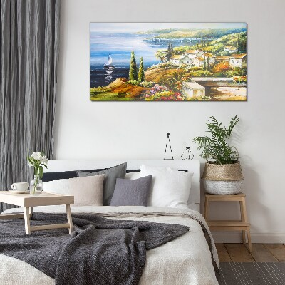 Seaside landscape with a sailboat Glass art print