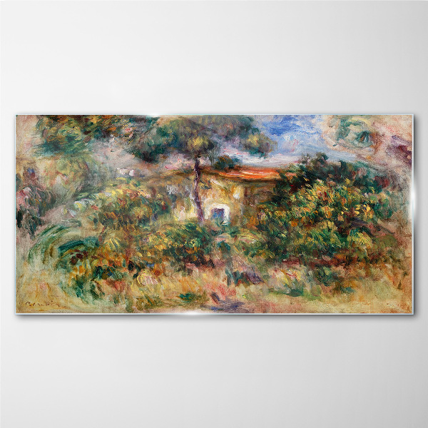 Green landscape with a house Wall art on glass
