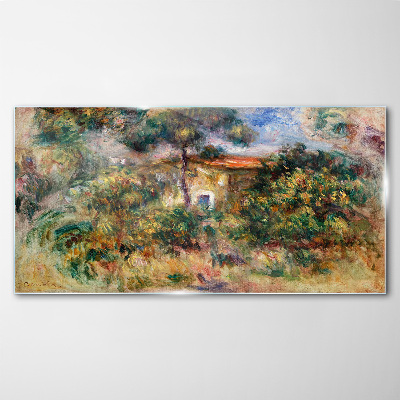 Green landscape with a house Wall art on glass