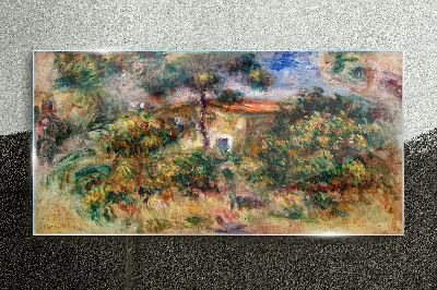 Green landscape with a house Wall art on glass