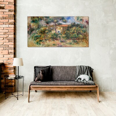 Green landscape with a house Wall art on glass