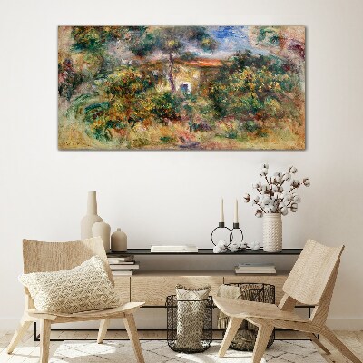 Green landscape with a house Wall art on glass