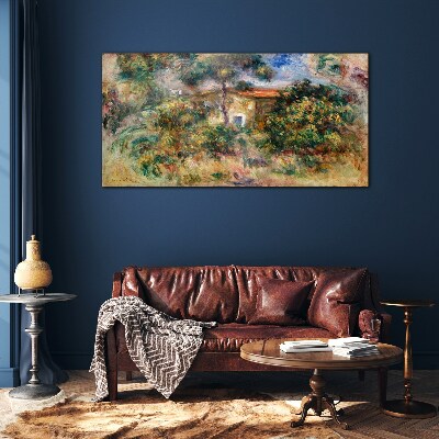Green landscape with a house Wall art on glass