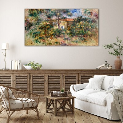 Green landscape with a house Wall art on glass