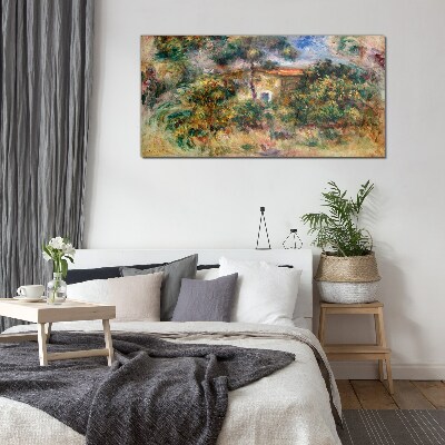 Green landscape with a house Wall art on glass