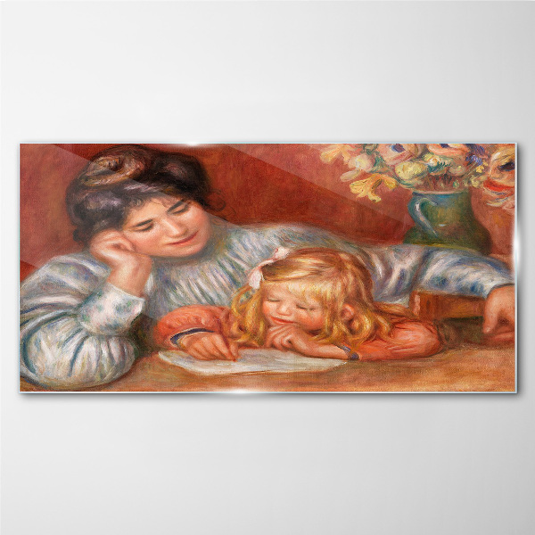 Mother with child at the table Glass art print