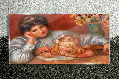 Mother with child at the table Glass art print