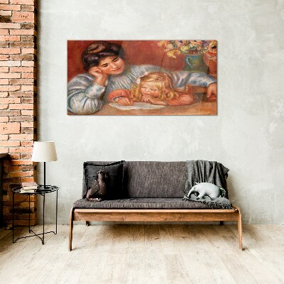 Mother with child at the table Glass art print