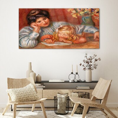 Mother with child at the table Glass art print