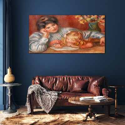 Mother with child at the table Glass art print