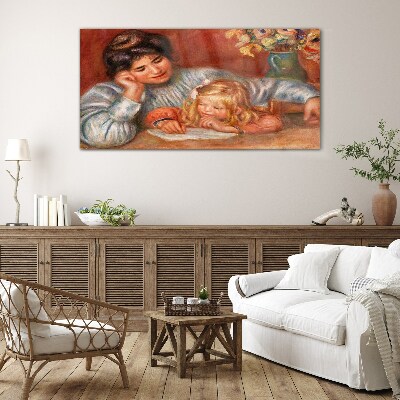 Mother with child at the table Glass art print
