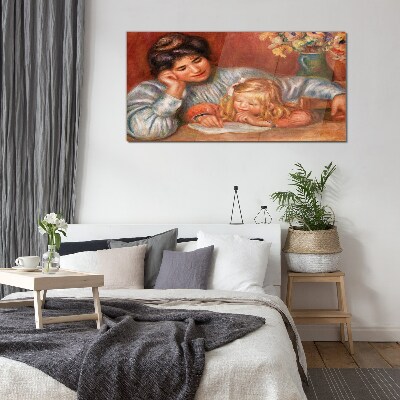 Mother with child at the table Glass art print