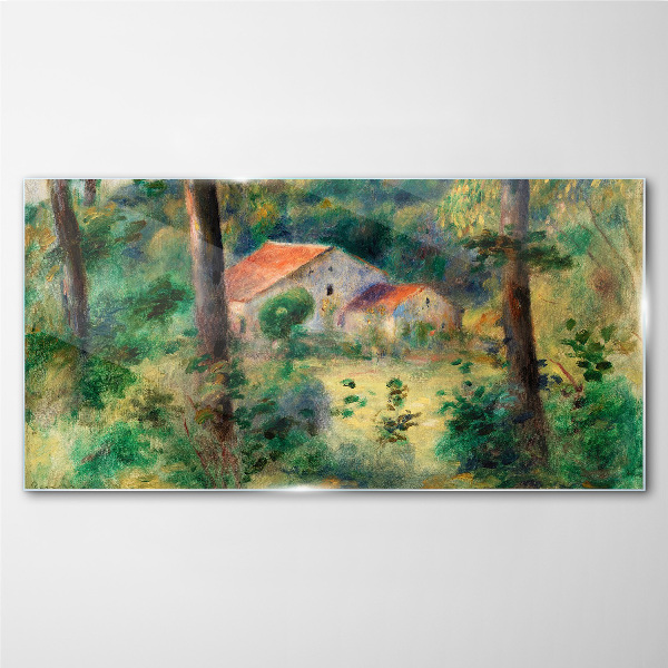 Green landscape with houses Glass art print