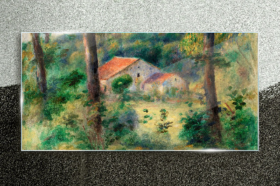 Green landscape with houses Glass art print