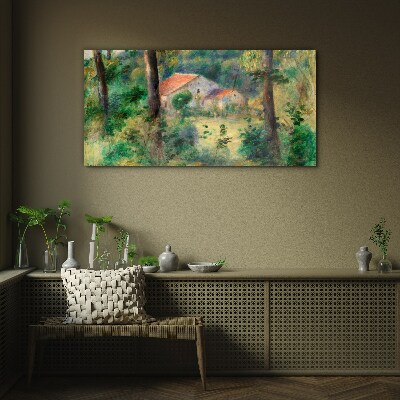 Green landscape with houses Glass art print