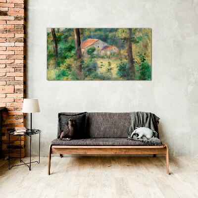 Green landscape with houses Glass art print