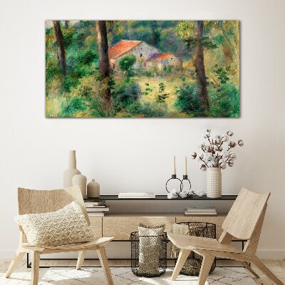 Green landscape with houses Glass art print