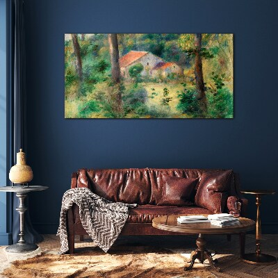 Green landscape with houses Glass art print