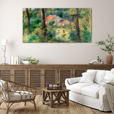 Green landscape with houses Glass art print