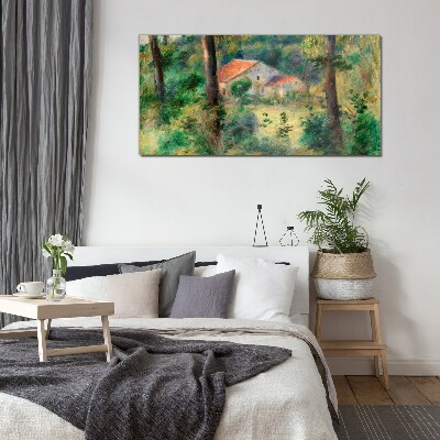 Green landscape with houses Glass art print